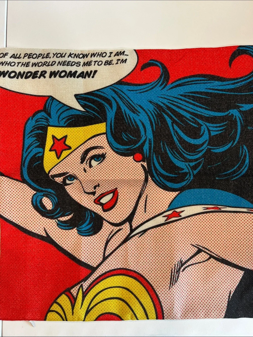 Wonder Woman Pop Art Natural Woven Pillow Case - Red, Blue, Yellow